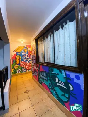 a hallway with a wall covered in graffiti at Supertramp Hostel Machupicchu in Machu Picchu