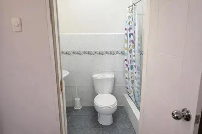 a bathroom with a toilet and a shower curtain at Great Partners hostel in Lima