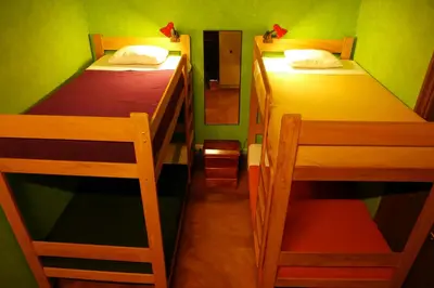 two bunk beds in a room with green walls at KACLLA, The Healing Dog Hostel in Lima