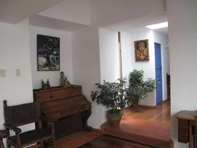 a living room with a piano and potted plants at Posada Villa Mayor in Cusco
