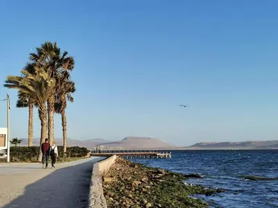 a man walking a horse down a sidewalk next to the water at AQUAMARINE PARACAS Beach Hostal in Paracas