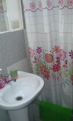 a bathroom with a sink and a shower curtain at Posada Peregrinus in Lima