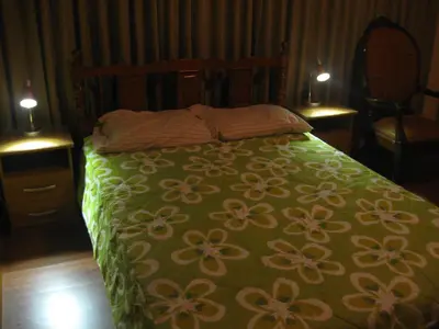 a bed with a green blanket with flowers on it at Posada Peregrinus in Lima