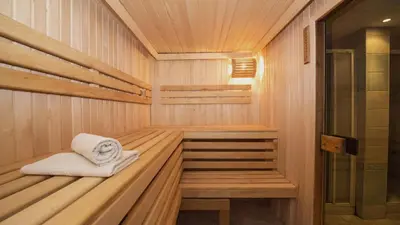 a sauna with a towel sitting inside of it at Hacienda del Valle Sagrado in Urubamba