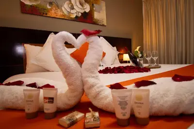 a hotel room with two swans made out of towels at SM Hotel in Lima
