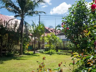 a garden with palm trees and houses at Hospedaje Cattleya in Oxapampa