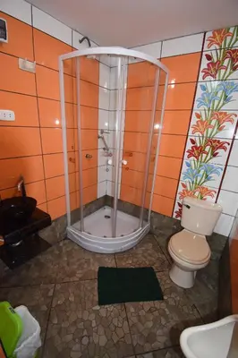 a bathroom with a shower and a toilet at El Viajero Aeropuerto in Lima