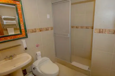 a bathroom with a shower and a toilet and a sink at Hotel Warari in Cusco