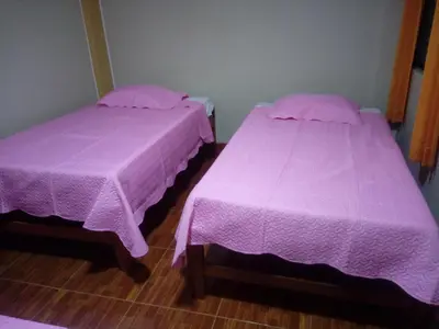 two beds with pink covers in a room at Gran Hotel Virrey in San Ramón