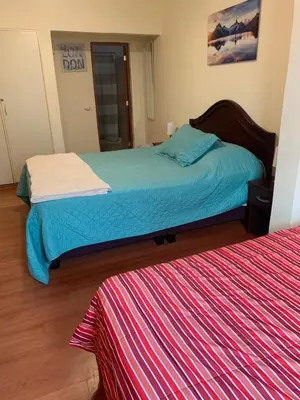 a bedroom with a bed with a blue comforter at Uli´s house in Lima