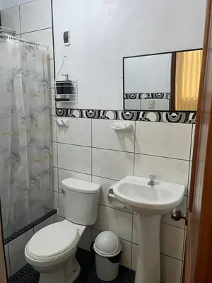 a bathroom with a toilet and a sink at Hospedaje Familiar Laos in Oxapampa