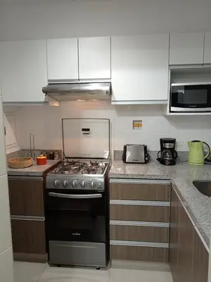 a kitchen with a stove top oven in a kitchen at Departamento BH South in Lima