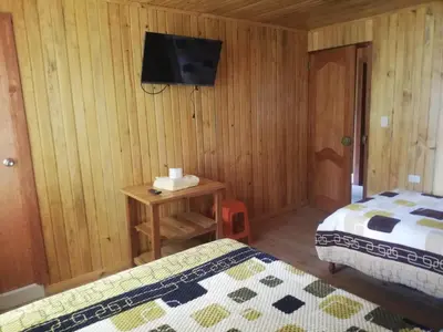 a room with two beds and a small table with a television at HOSPEDAJE CAMPOS ELÌSEOS in Oxapampa