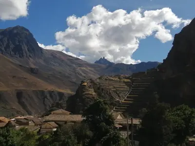 a view of a valley in the mountains at Casafranca in Ollantaytambo