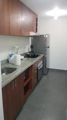 a kitchen with wooden cabinets and stainless steel appliances at Lima Flats in Lima