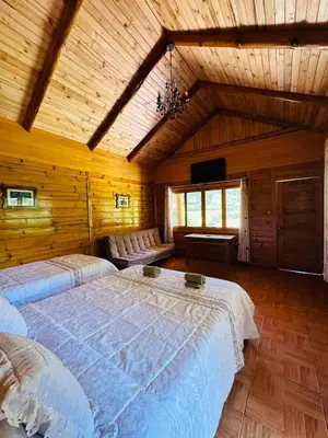 a bedroom with two beds in a wooden room at HASSINGER RANCH Cabañas in Oxapampa