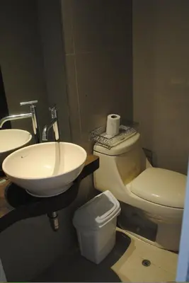a bathroom with a toilet and a sink at Beachfront Condo San Miguel in Lima