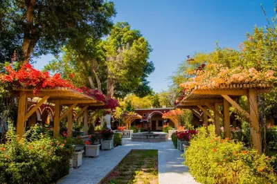 a garden with wooden pergolas filled with flowers at DM Hoteles Mossone - Ica in Ica