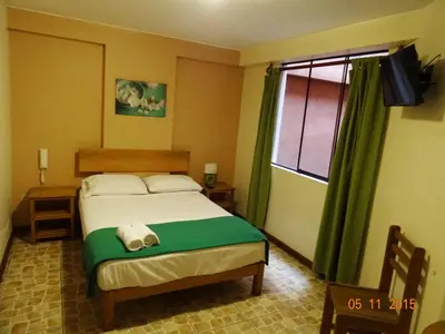 a bedroom with a bed with green curtains and a window at Hospedaje La Videna in Lima