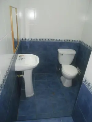 a blue and white bathroom with a toilet and a sink at Hospedaje La Videna in Lima