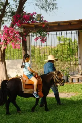 a little girl riding on a horse with a man at Bodega el Huarango in Ica