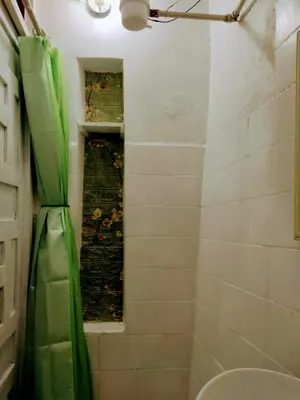 a bathroom with a shower with a green curtain at BiosWild in Cusco