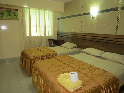 a hotel room with two beds and a mirror at HOTEL ESTRELLA in Lima