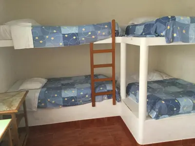 a room with two bunk beds and a ladder at Paracas Backpackers House in Paracas
