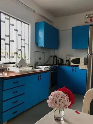 a kitchen with blue cabinets and a table with a vase of flowers at BUGANVILIA in Paracas