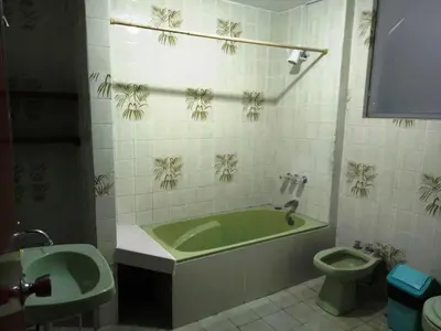 a bathroom with a green tub and a toilet at Sucesac in Lima