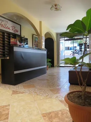 a lobby with a reception desk and a potted plant at Hostal Hellen Ross in Nazca