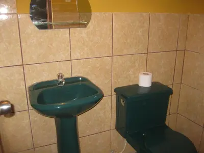 a bathroom with a green sink and a toilet at Posada Gino in Pisco