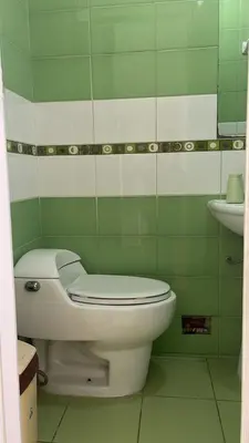 a green bathroom with a toilet and a sink at Habitación Alborada 2 con baño privado in Lima