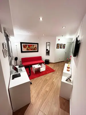 a living room with a red couch and a red rug at Apartamento moderno con vistas, WiFi gratis y cocina equipada in Lima