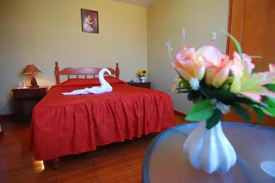 a bedroom with a bed with a swan in a vase of flowers at Hotel Alegria Nasca in Nazca