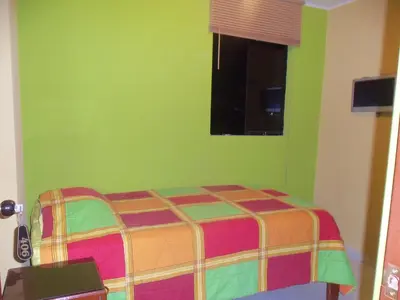 a green bedroom with a bed with a window at Hostal Boulevard in Nazca