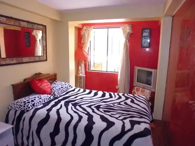 a zebra print bed in a bedroom with a red wall at Hospedaje Pumacurco Betty in Cusco