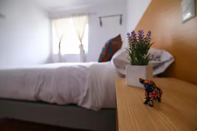 a bedroom with a bed and a table with a plant at CASONA TORDO - A 3 Cdras de la Plaza - Habitaciones con baño privado in Cusco