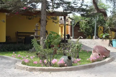 a garden with two bear statues in the grass at Hostal Loma Blanca in Ica