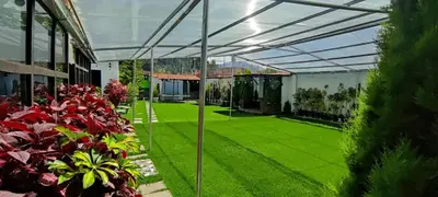a garden with green grass and plants in a greenhouse at Villa blanca in Andahuaylas