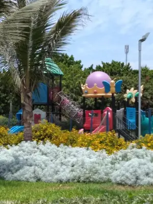 a park with a playground with a palm tree at La Casa Maruja Habitación doble P in San Bartolo