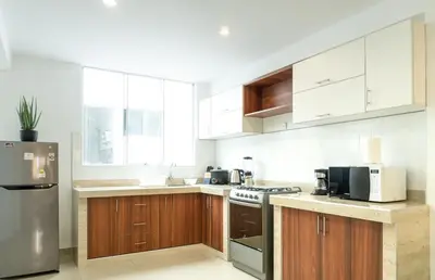 a kitchen with wooden cabinets and stainless steel appliances at Moderno Departamento en Barranca in Barranca