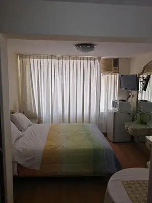 a bedroom with a bed and a window with curtains at Villas Del Sol Bed & Breakfast in Lima