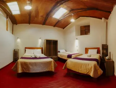 two beds in a room with a red carpet at Cochito Cusco in Cusco