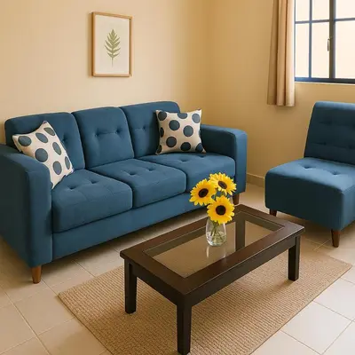 a living room with a blue couch and a coffee table at 101 Comfy Apt WiFi kitchen SmartTV Central at Callao in Lima