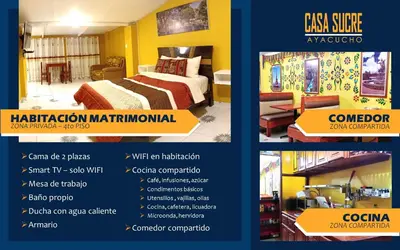 a flyer for a hotel room with a bed and furniture at Casa Sucre Ayacucho in Ayacucho