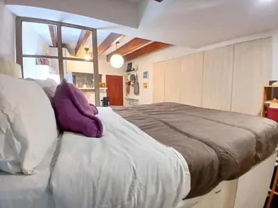 a bedroom with a large bed with purple pillows at Central, cozy & self-contained petfriendly apartments in the heart of Miraflores in Lima