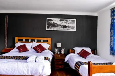 two beds in a bedroom with black walls at The Willow B&B in Urubamba
