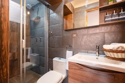 a bathroom with a toilet and a sink and a shower at Town Center Apartments in Urubamba