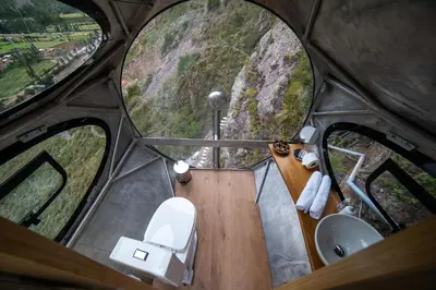 an overhead view of a bathroom with two windows at Starlodge Adventure Suites in Urubamba